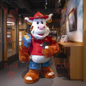 Red Hereford Cow mascot costume character dressed with a Flare Jeans and Coin purses