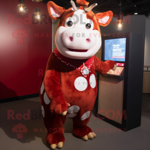 Red Hereford Cow mascot costume character dressed with a Flare Jeans and Coin purses