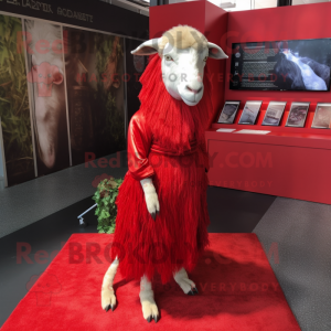 Red Angora Goat mascot costume character dressed with a Empire Waist Dress and Scarves