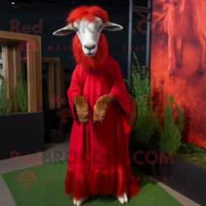 Red Angora Goat mascot costume character dressed with a Empire Waist Dress and Scarves