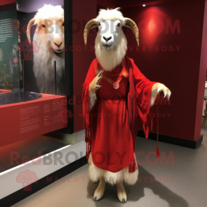Red Angora Goat mascot costume character dressed with a Empire Waist Dress and Scarves