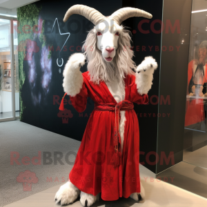 Red Angora Goat mascot costume character dressed with a Empire Waist Dress and Scarves