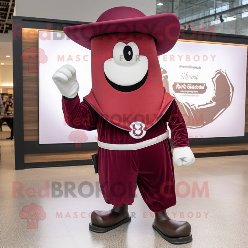 Maroon Horseshoe mascot costume character dressed with a Romper and Hat pins Maroon Horseshoe mascot costume character dressed with a Romper and Hat pins