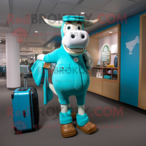 Turquoise Jersey Cow mascot costume character dressed with a Graphic Tee and Briefcases