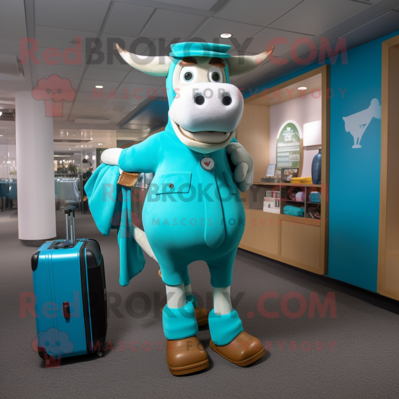 Turquoise Jersey Cow mascot costume character dressed with a Graphic Tee and Briefcases Turquoise Jersey Cow mascot costume character dressed with a Graphic Tee and Briefcases