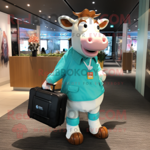 Turquoise Jersey Cow mascot costume character dressed with a Graphic Tee and Briefcases