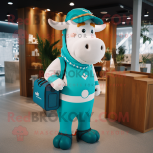 Turquoise Jersey Cow mascot costume character dressed with a Graphic Tee and Briefcases