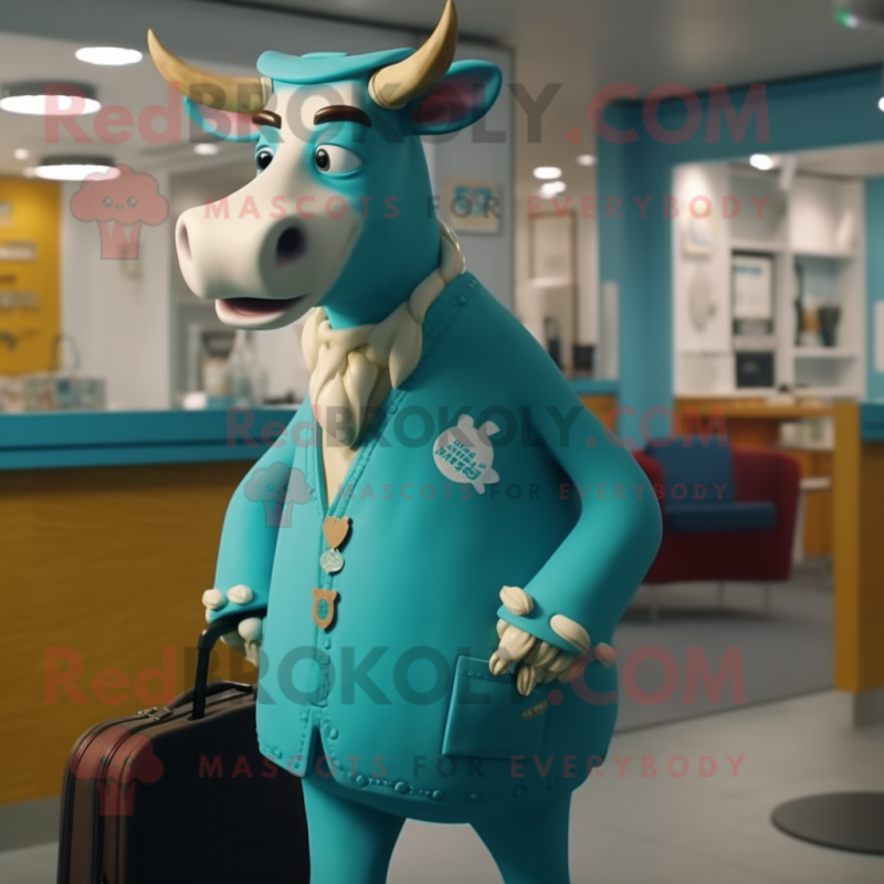 Turquoise Jersey Cow mascot costume character dressed with a Graphic Tee and Briefcases