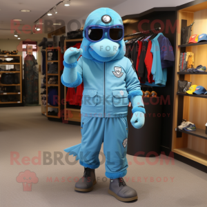 Sky Blue Special Air Service mascot costume character dressed with a Joggers and Beanies