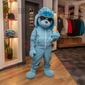 Sky Blue Special Air Service mascot costume character dressed with a Joggers and Beanies
