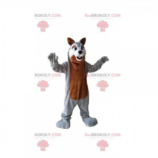 Mascote esquilo marrom e cinza com olhos brilhantes! -