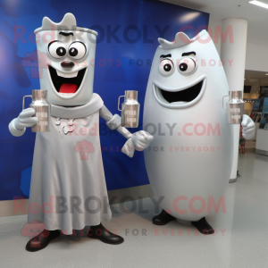 Silver Bottle Of Milk mascot costume character dressed with a Evening Gown and Briefcases