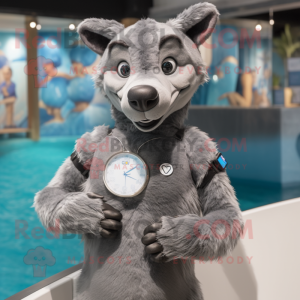 Silver Thylacosmilus mascot costume character dressed with a One-Piece Swimsuit and Bracelet watches