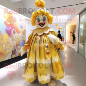 Gold Clown mascot costume character dressed with a Dress and Shawls