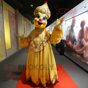 Gold Clown mascot costume character dressed with a Dress and Shawls