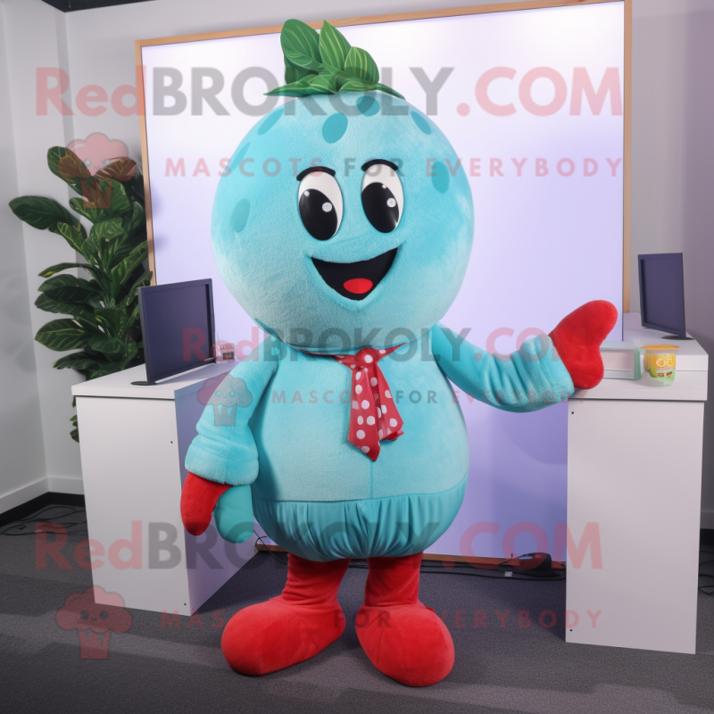 Cyan Strawberry mascot costume character dressed with a Trousers and Scarves Cyan Strawberry mascot costume character dressed with a Trousers and Scarves