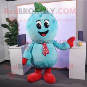 Cyan Strawberry mascot costume character dressed with a Trousers and Scarves