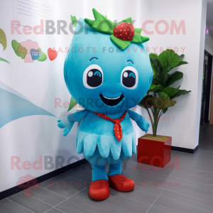 Cyan Strawberry mascot costume character dressed with a Trousers and Scarves