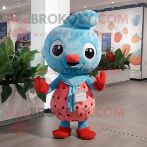 Cyan Strawberry mascot costume character dressed with a Trousers and Scarves