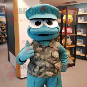 Teal Soldier mascot costume character dressed with a Oxford Shirt and Headbands