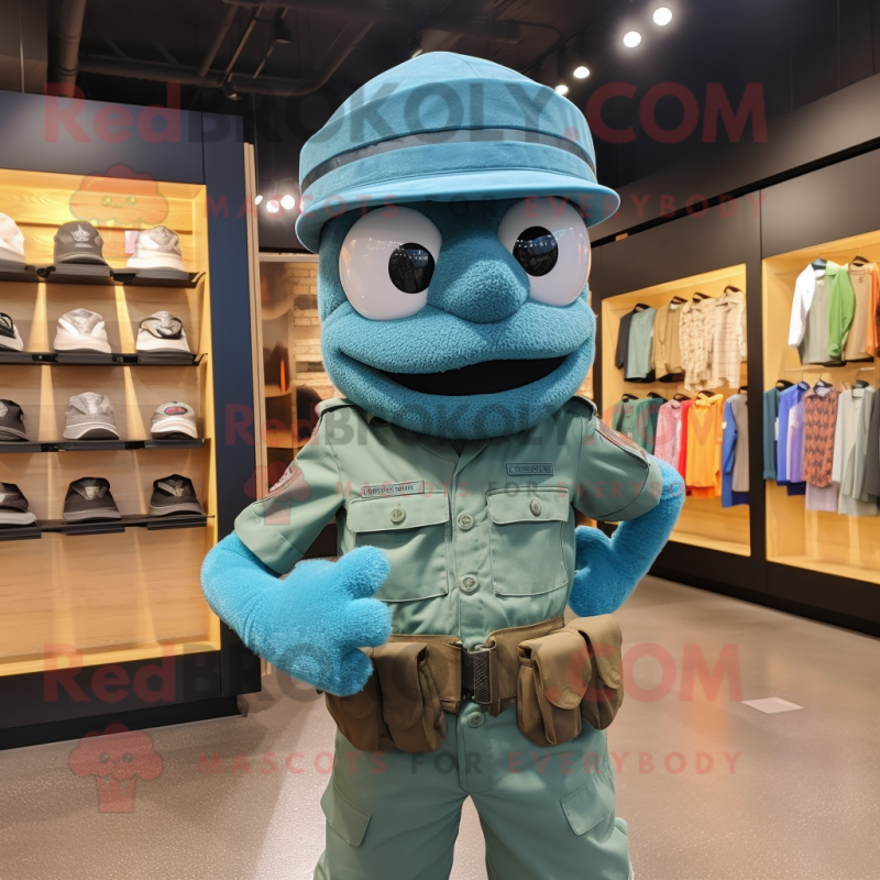 Teal Soldier mascot costume character dressed with a Oxford Shirt and Headbands Teal Soldier mascot costume character dressed with a Oxford Shirt and Headbands