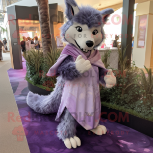 Lavender Wolf mascot costume character dressed with a Wrap Dress and Bracelets