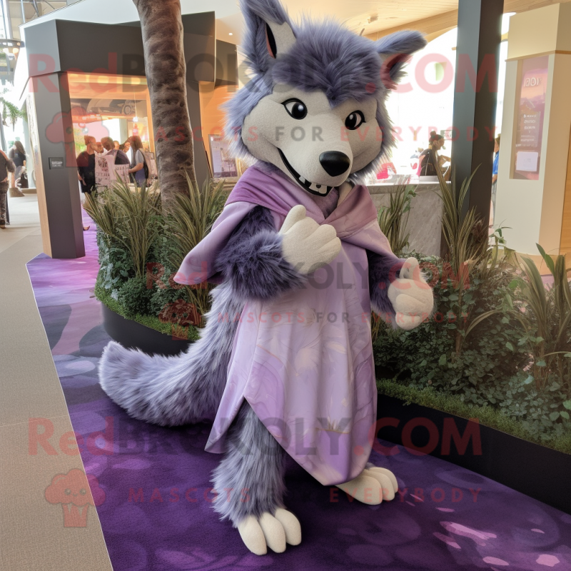 Lavender Wolf mascot costume character dressed with a Wrap Dress and Bracelets Lavender Wolf mascot costume character dressed with a Wrap Dress and Bracelets