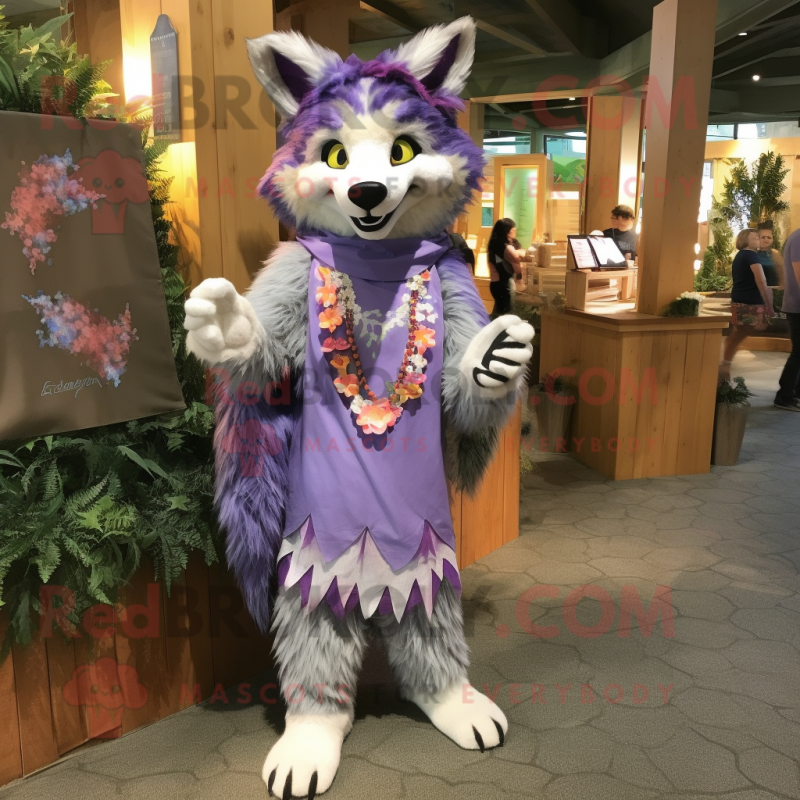 Lavender Wolf mascot costume character dressed with a Wrap Dress and Bracelets