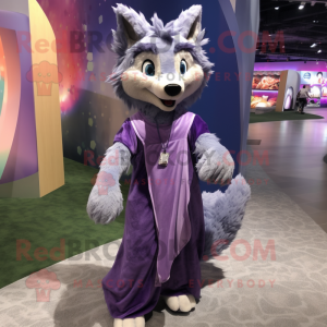 Lavender Wolf mascot costume character dressed with a Wrap Dress and Bracelets