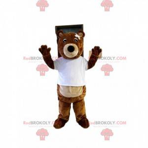 Brown bear mascot with a too short t-shirt and a bandage -