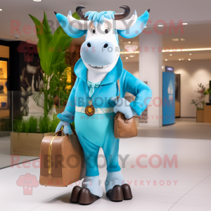 Sky Blue Zebu mascot costume character dressed with a Jumpsuit and Handbags