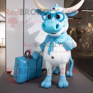 Sky Blue Zebu mascot costume character dressed with a Jumpsuit and Handbags
