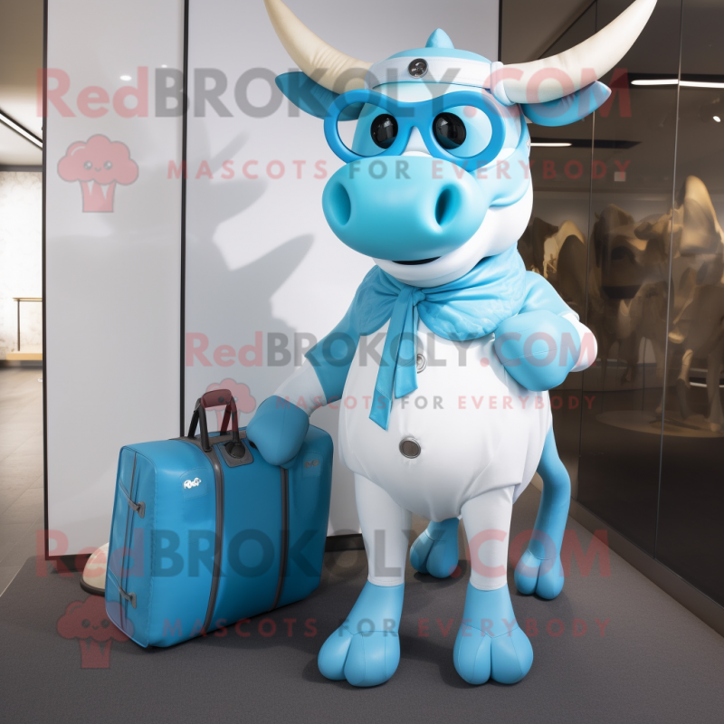 Sky Blue Zebu mascot costume character dressed with a Jumpsuit and Handbags Sky Blue Zebu mascot costume character dressed with a Jumpsuit and Handbags