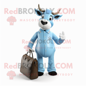 Sky Blue Zebu mascot costume character dressed with a Jumpsuit and Handbags