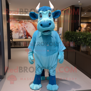 Sky Blue Zebu mascot costume character dressed with a Jumpsuit and Handbags