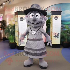Gray Gyro mascot costume character dressed with a Maxi Dress and Backpacks