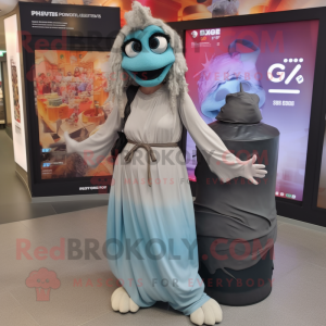 Gray Gyro mascot costume character dressed with a Maxi Dress and Backpacks