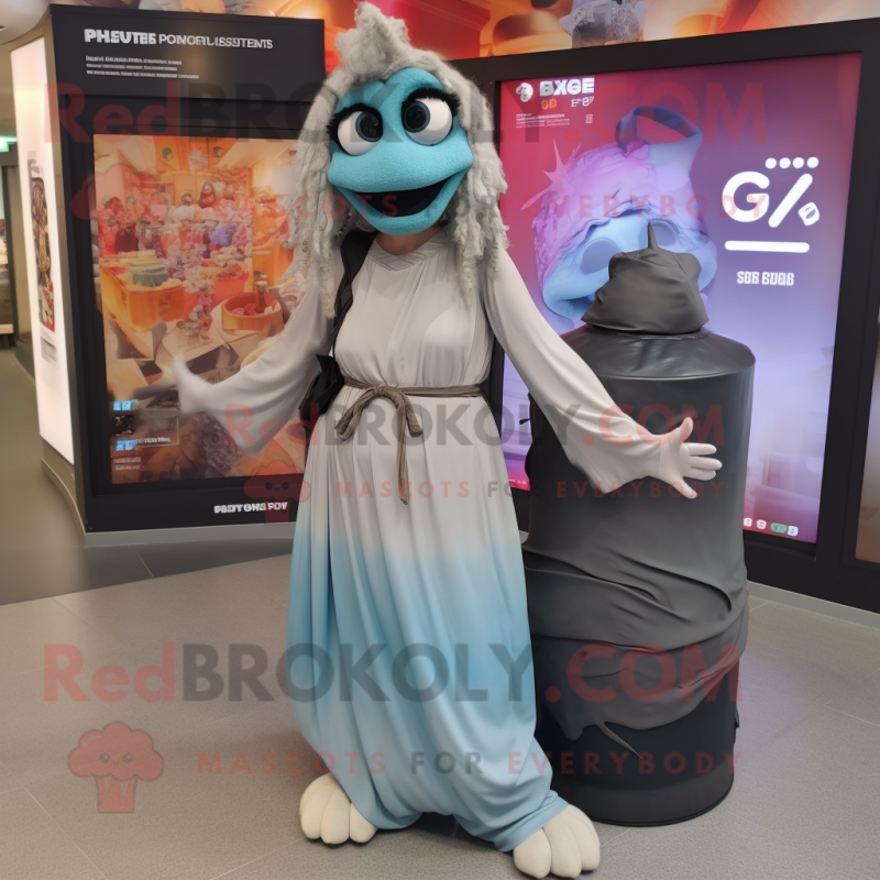Gray Gyro mascot costume character dressed with a Maxi Dress and Backpacks Gray Gyro mascot costume character dressed with a Maxi Dress and Backpacks