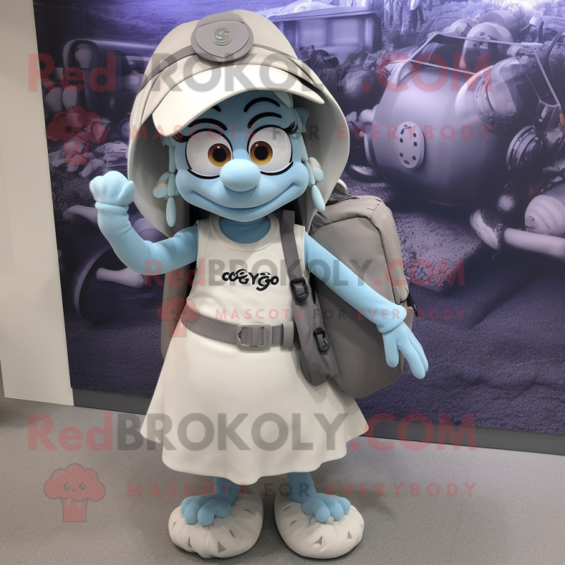 Gray Gyro mascot costume character dressed with a Maxi Dress and Backpacks Gray Gyro mascot costume character dressed with a Maxi Dress and Backpacks