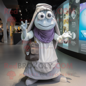 Gray Gyro mascot costume character dressed with a Maxi Dress and Backpacks