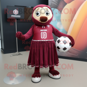 Maroon Soccer Goal mascot costume character dressed with a Empire Waist Dress and Anklets