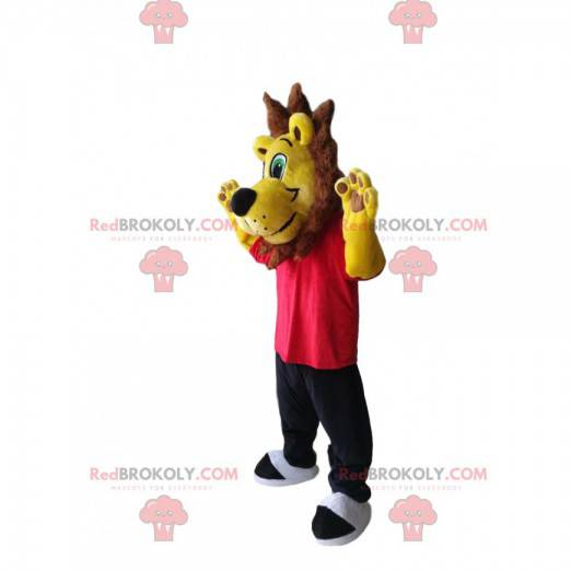 Yellow lion mascot with a red t-shirt and black pants -