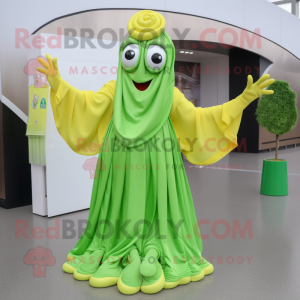 Lime Green Fried Calamari mascot costume character dressed with a Maxi Dress and Gloves