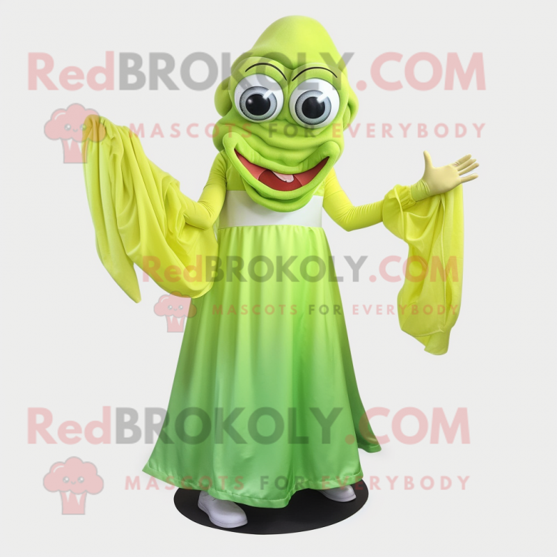 Lime Green Fried Calamari mascot costume character dressed with a Maxi Dress and Gloves