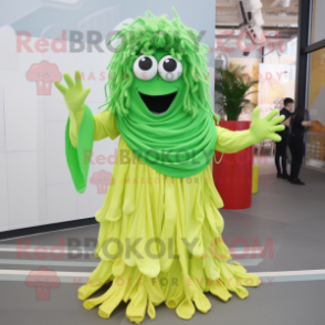 Lime Green Fried Calamari mascot costume character dressed with a Maxi Dress and Gloves