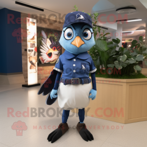 Navy Blue Jay mascot costume character dressed with a Oxford Shirt and Hairpins