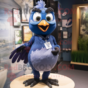 Navy Blue Jay mascot costume character dressed with a Oxford Shirt and Hairpins