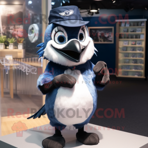 Navy Blue Jay mascot costume character dressed with a Oxford Shirt and Hairpins