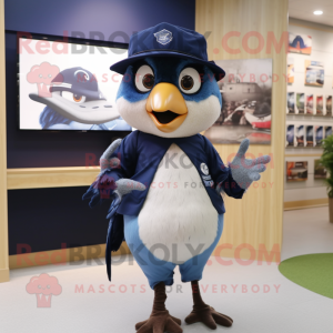 Navy Blue Jay mascot costume character dressed with a Oxford Shirt and Hairpins