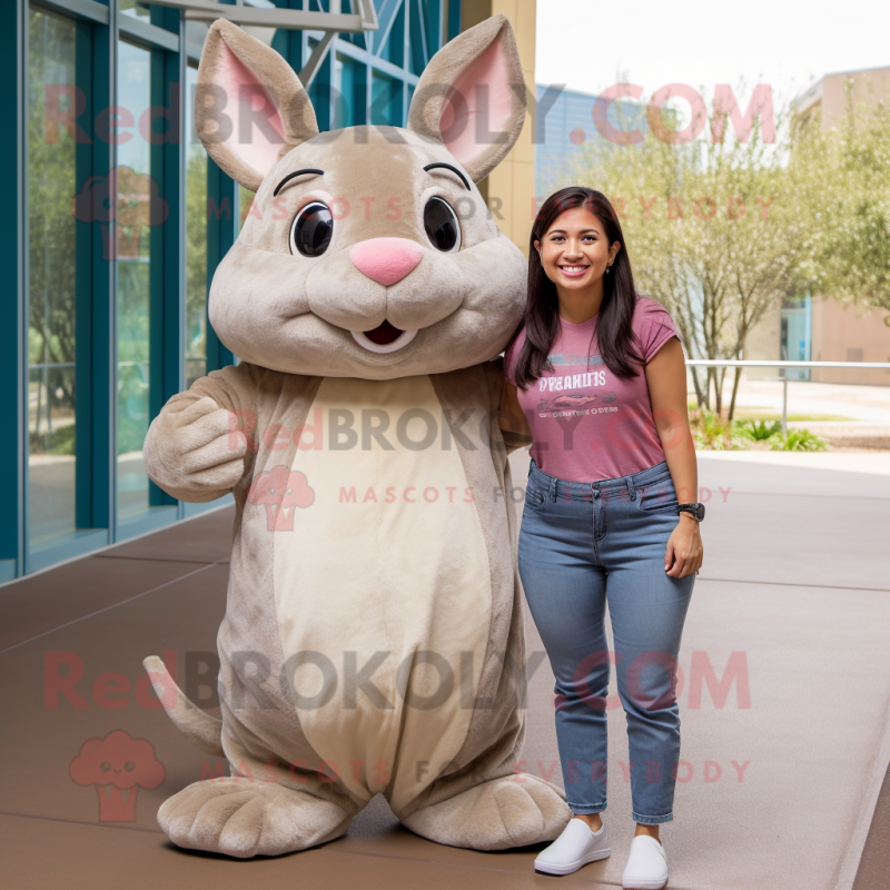 Tan Chinchilla mascot costume character dressed with a Mom Jeans and Foot pads